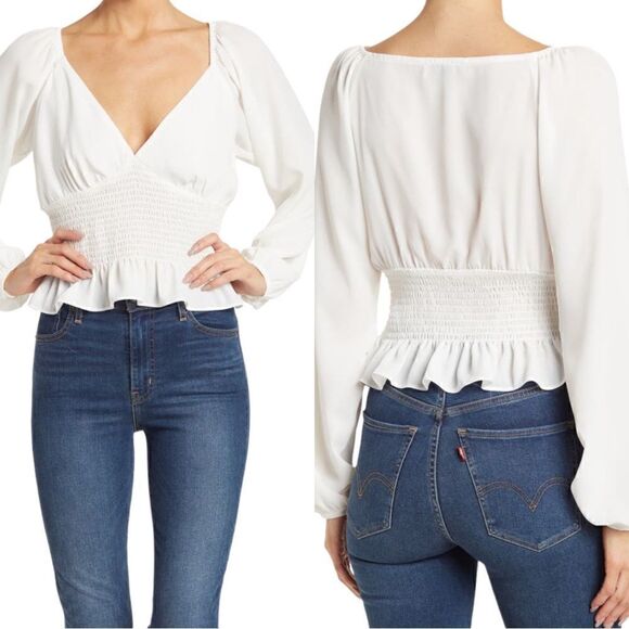 WAYF Smocked Waist Raglan Top in White - Picture 1 of 11